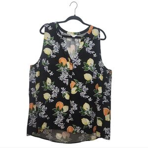 Crown & Ivy Black Lemon Orange Citrus Sleeveless V-Neck Top Cottagecore Plus 2X
